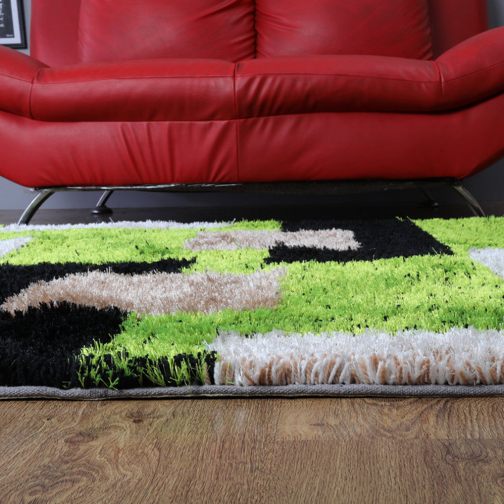 Hand Tufted Shag Polyester Area Rug Geometric Green Beige, [Square] 6'x6'