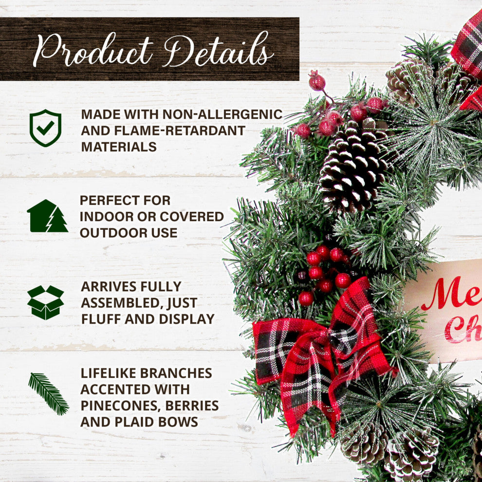24" Christmas Frosted Wreath With Pinecones, Berries and Plaid Bows