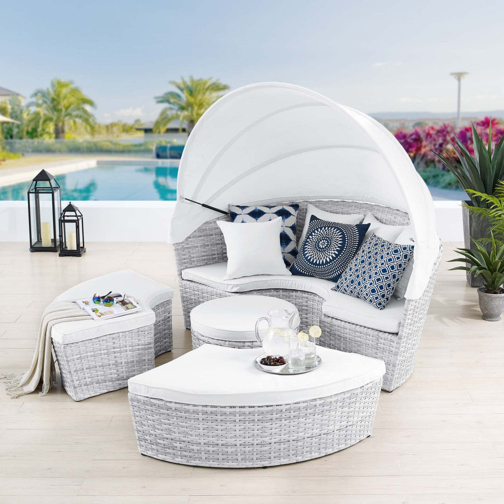 Daybed Sofa Bed, Sunbrella, Gray White, Rattan, Wicker, Outdoor Patio
