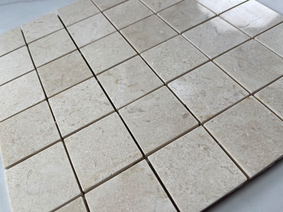 Crema Marfil Beige Marble 2x2 Grid Square Mosaic Tile Polished, 1 sheet