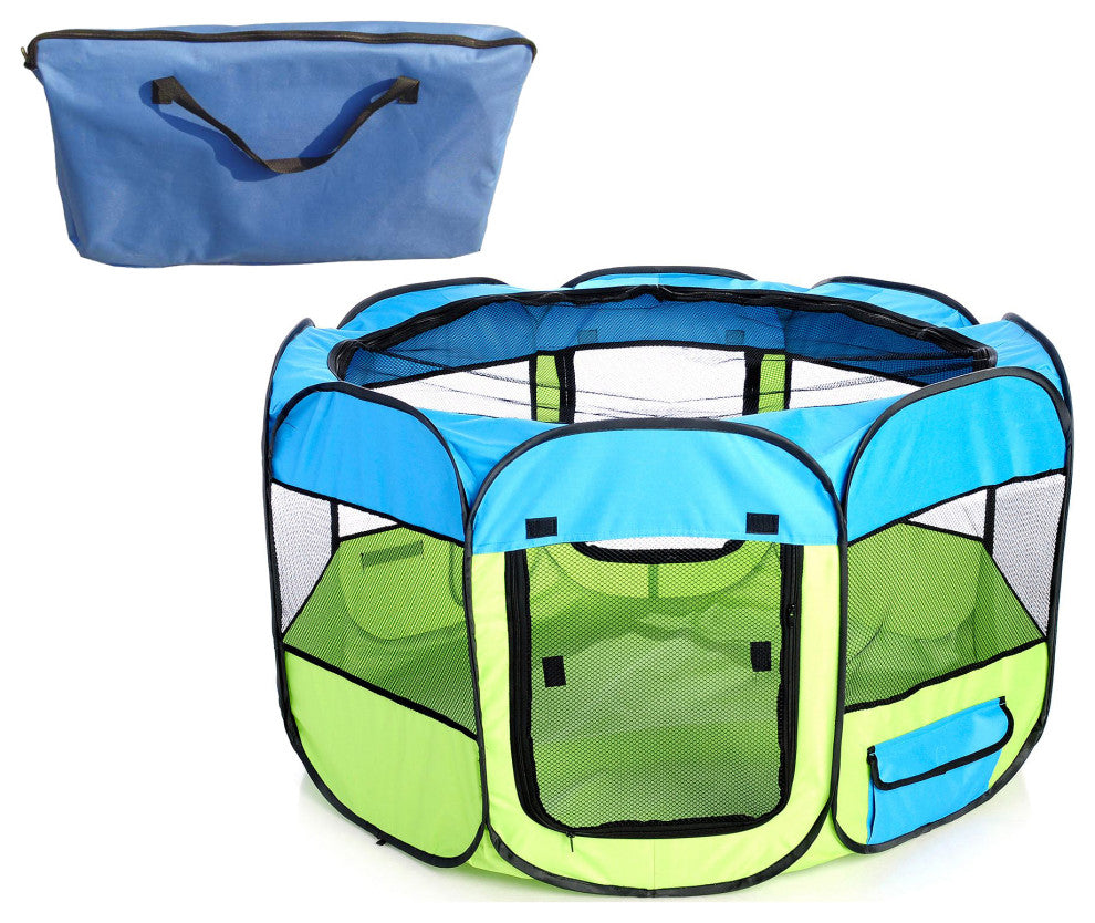 All-Terrain Lightweight Collapsible Pet Playpen, Light Blue/Light Yellow, Medium