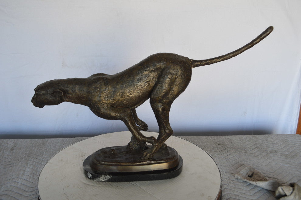 Cheetah Running Bronze Statue on a Marble Base -  Size: 30"L x 9"W x 19"H.
