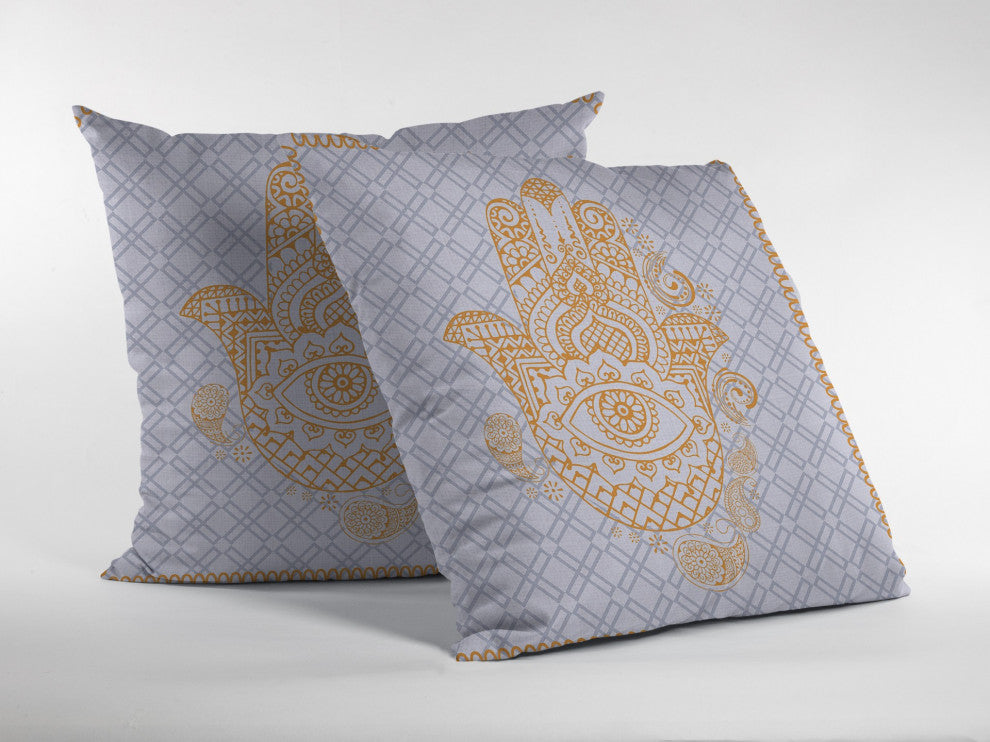 20 Gold Gray Hamsa Boho Suede Throw Pillow