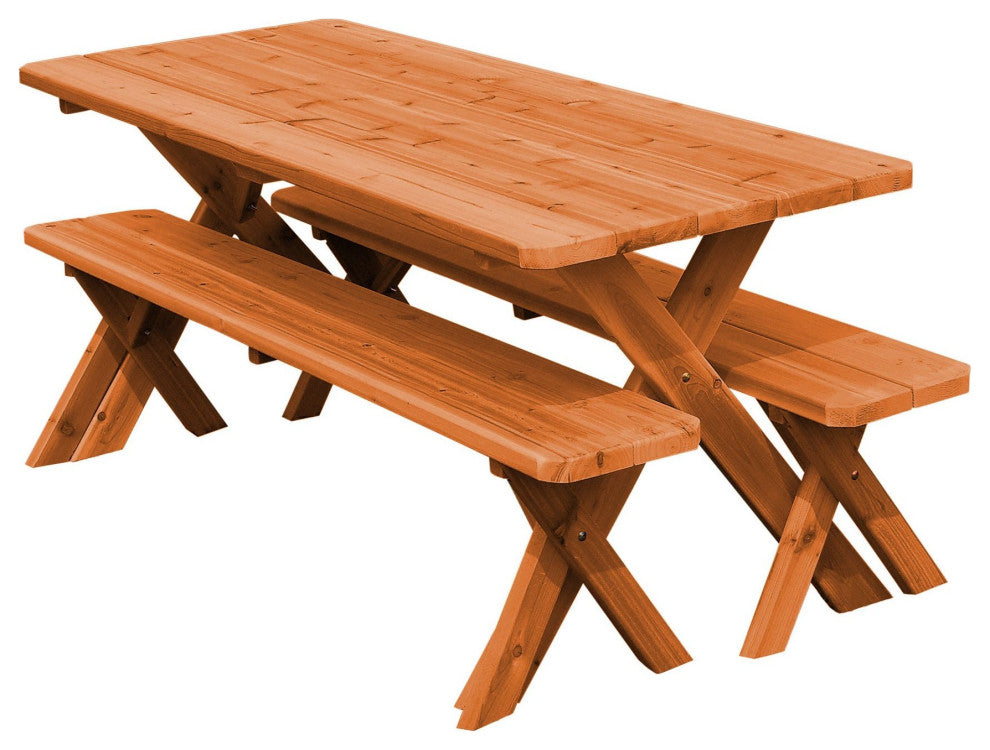 Cedar Cross-Leg Table with 2 Benches, Cedar Stain, 8 Foot