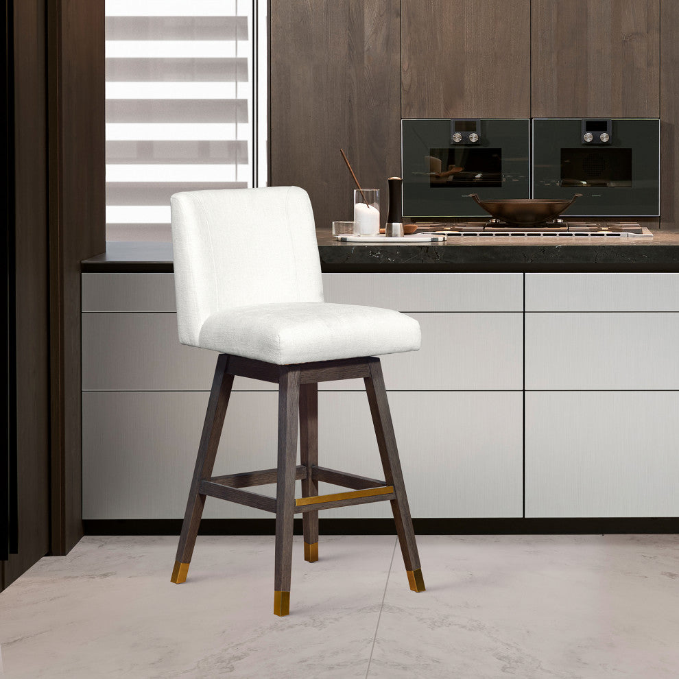 Basila Swivel Bar Stool in Grey Oak Wood Finish with Pearl Fabric