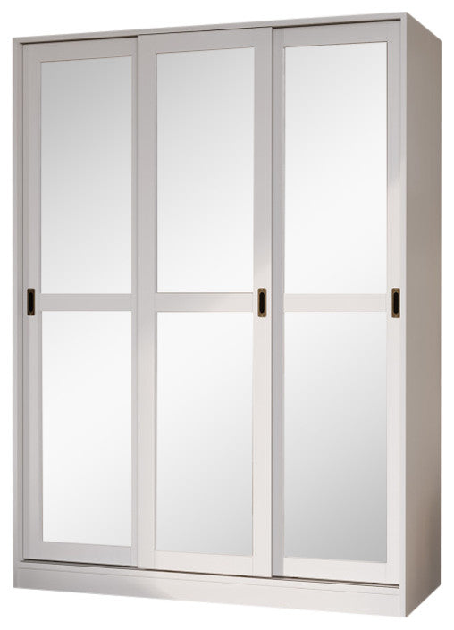 100% Solid Wood 3-Sliding Door Wardrobe/Armoire/Closet, White-Mirrored