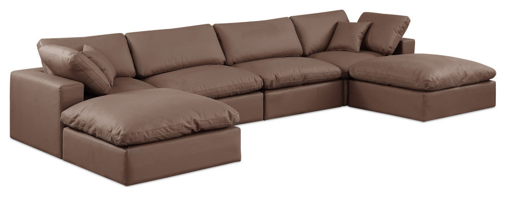 Comfy Upholstered U-Shaped Modular Sectional, Brown, 6-Piece: 2 Armless Chair, 2 Corner Chair, 2 Ottoman, Vegan Leather
