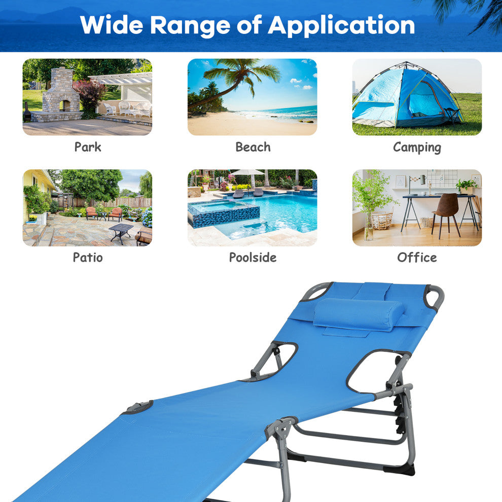 Goplus Outdoor Beach Lounge Chair Folding Chaise Lounge with Pillow Blue