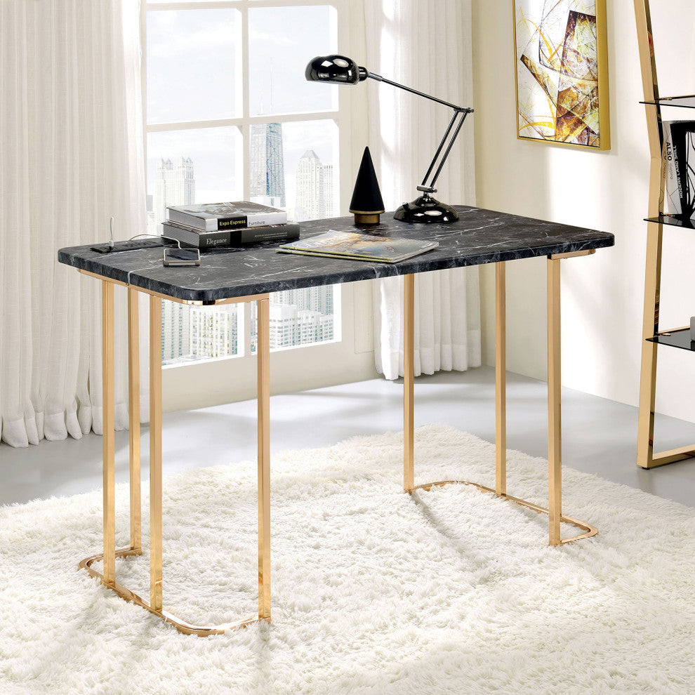 Faux Marble Top Writing Desk in Gold and Black