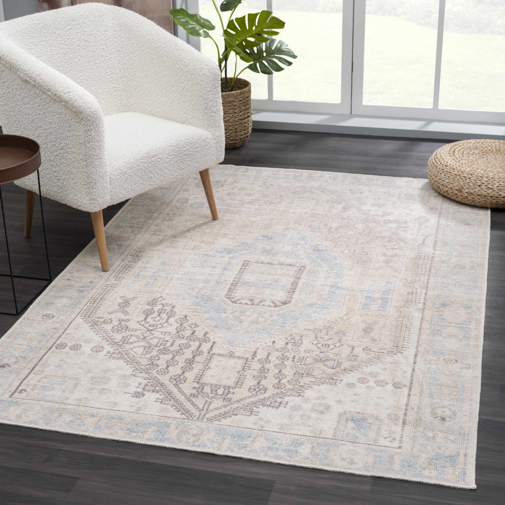 Hauteloom Light Brown and Blue Baloy Washable Area Rug, 7'6"x9'6" Rectangle