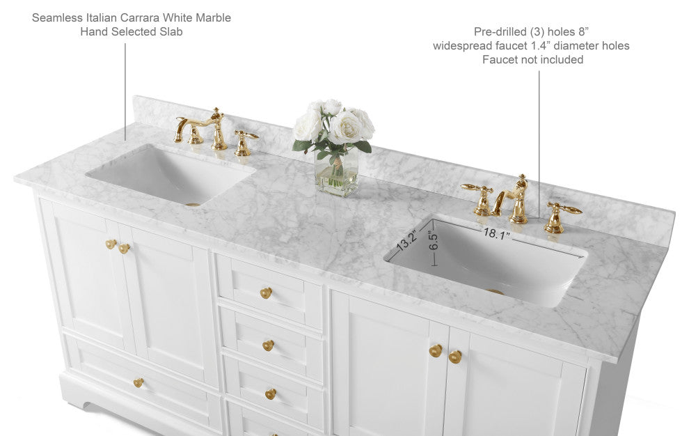 Audrey Vanity Set, White, 72", Gold Hardware, No Mirror