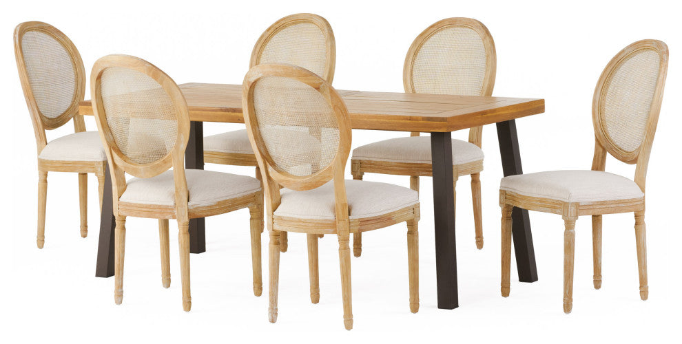 Karlene Farmhouse Fabric Upholstered Wood and Rattan 7 Piece Dining Set