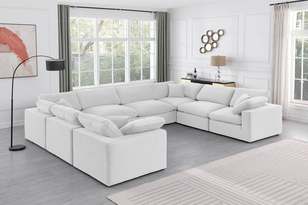 Comfy Upholstered U-Shaped Modular Sectional, Cream, 8-Piece: 4 Armless Chair, 4 Corner Chair, Velvet