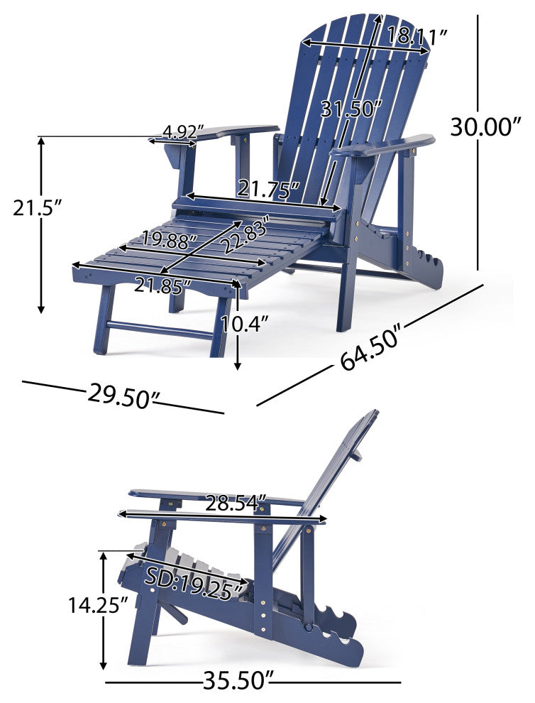 GDF Studio Katherine Outdoor Reclining Wood Adirondack Chair With Footrest, Navy