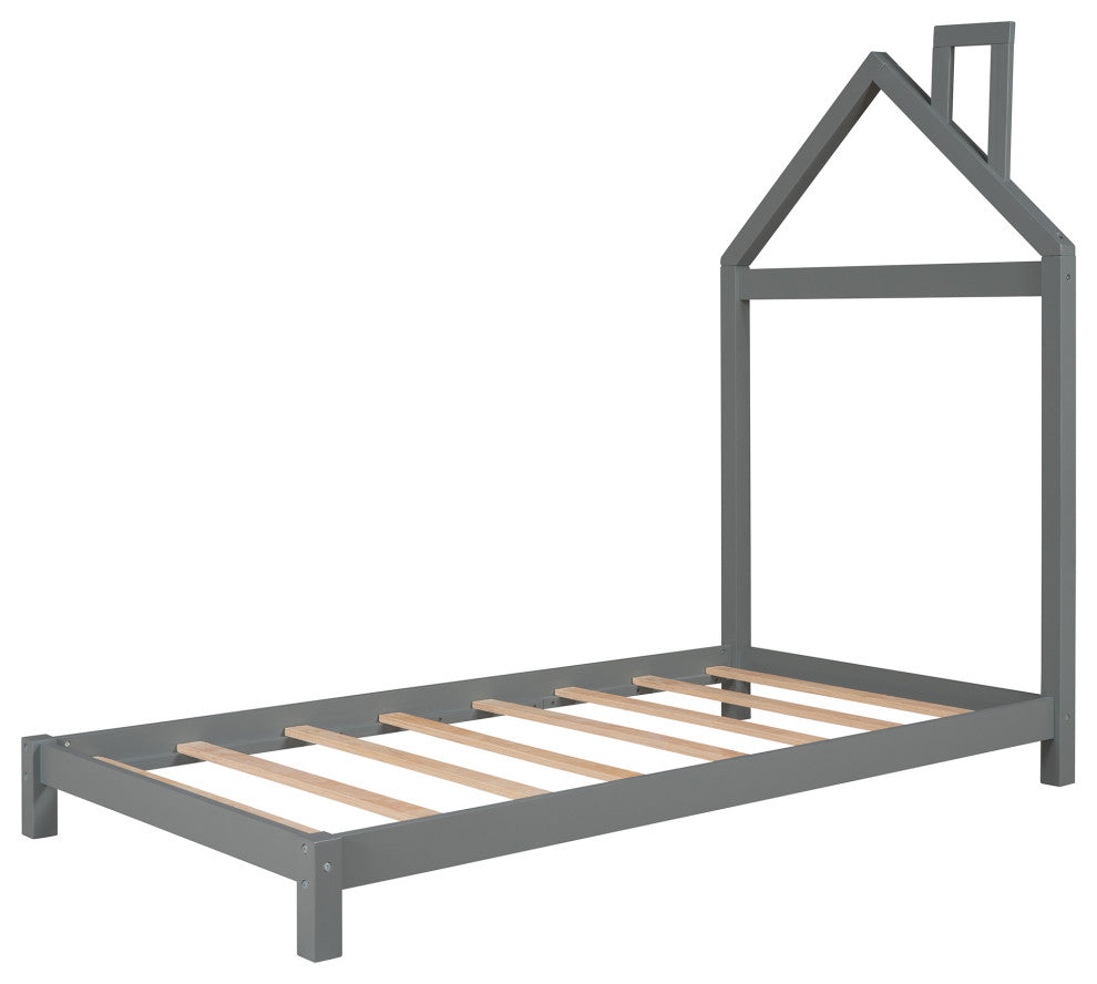 Gewnee  Wood Twin Platform Bed with House Shaped Headboard in Gray