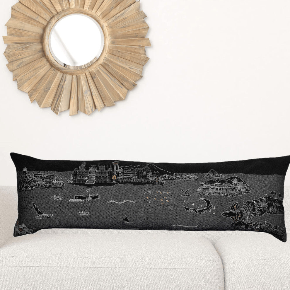 46" Black Hawaii Nighttime Skyline Lumbar Decorative Pillow