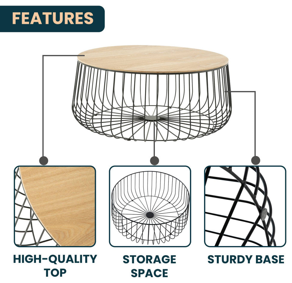 LeisureMod Runswick Round Coffee Table With Black Wire Steel Frame, Natural Wood