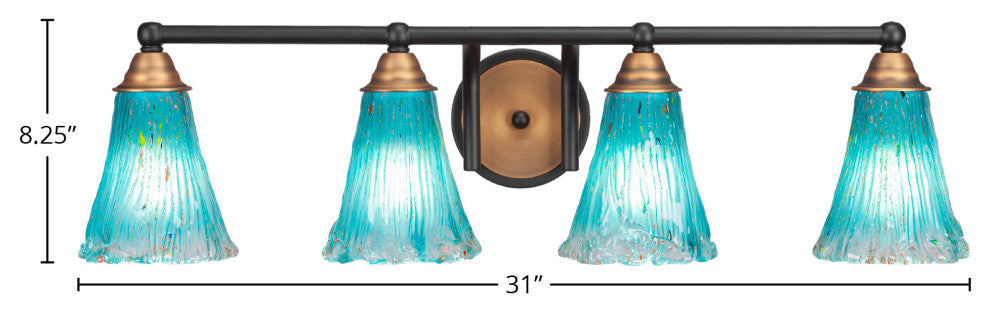 Paramount 4-Light Bath Bar, Matte Black & Brass, 5.5" Teal Crystal Glass