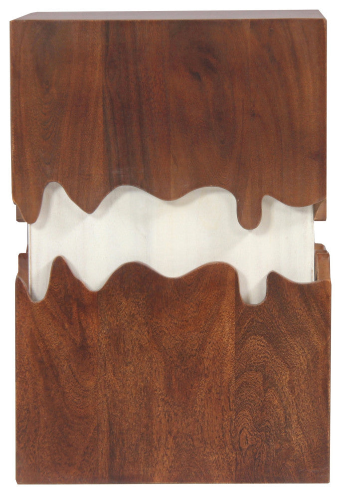 Benzara UPT-270550 Acacia Wood Side End Table, Block Pedestal, Walnut, White