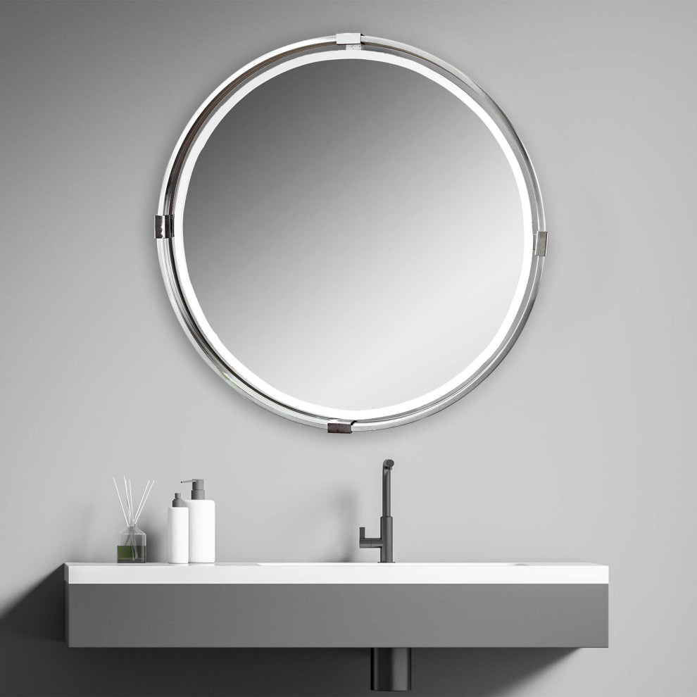 30" Round Wall Mirror, Silver Nickel Chrome