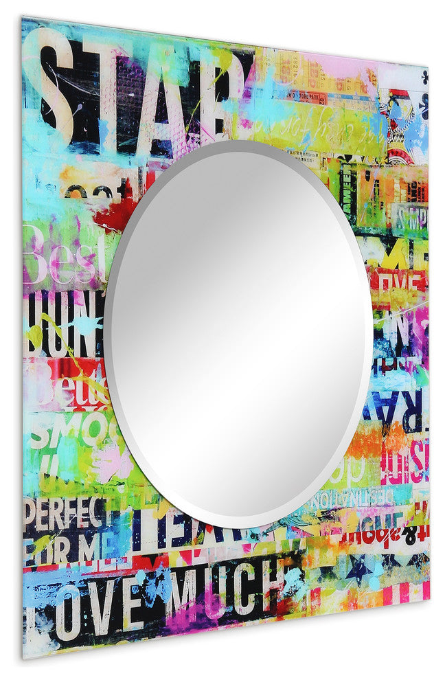 "Star" Square Beveled Wall Mirror on Free Floating Printed Tempered Art Glass