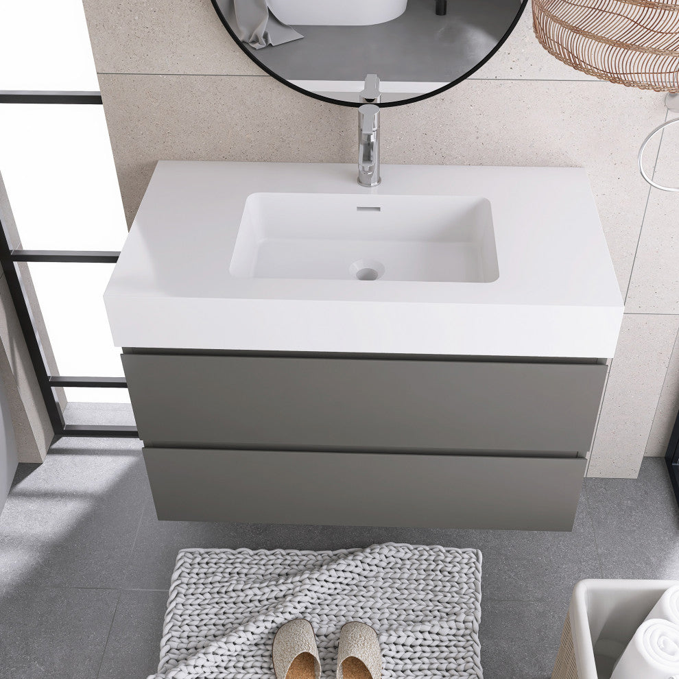 Wood Wall-Mounted Bathroom Vanity Set with Integrated Resin Sink, Grey, 36"