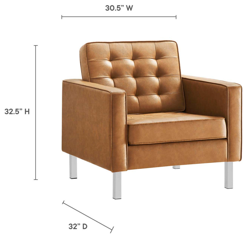Loft Tufted Vegan Leather Armchair and Ottoman Set, Silver Tan