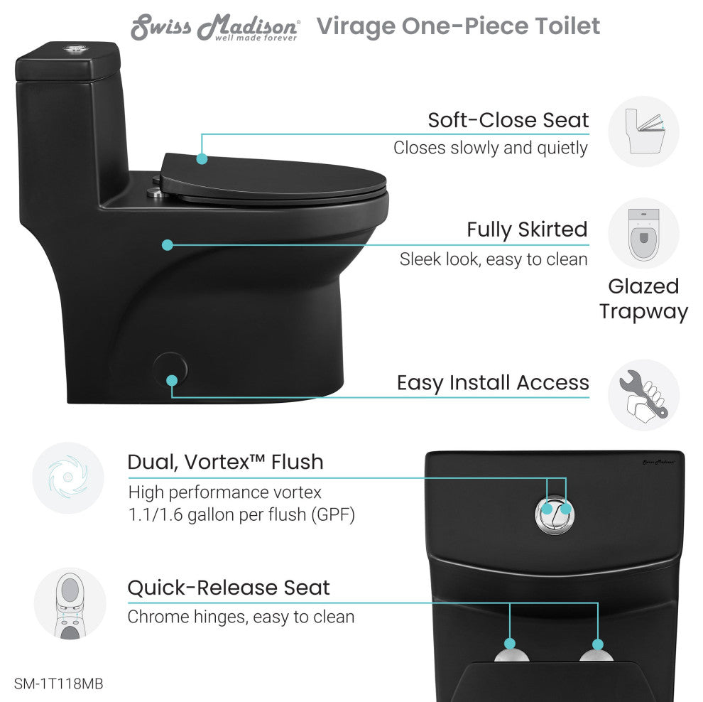 Virage One-Piece Elongated Toilet Vortex Dual-Flush 1.1/1.6 gpf, Matte Black