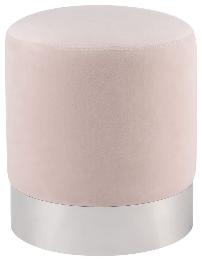 Madelyn Velvet Round Ottoman With Metal Base, Blush/Chrome