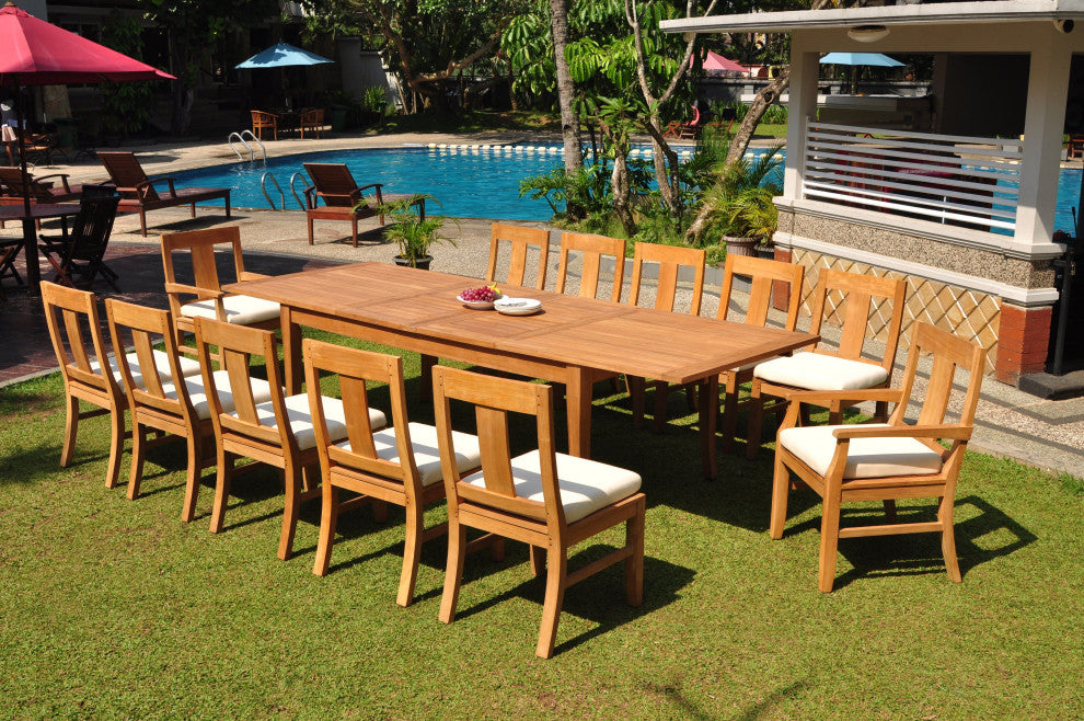 13-Piece Outdoor Teak Dining Set, 122" X-Large Rectangle Table, 12 Osbo Chairs