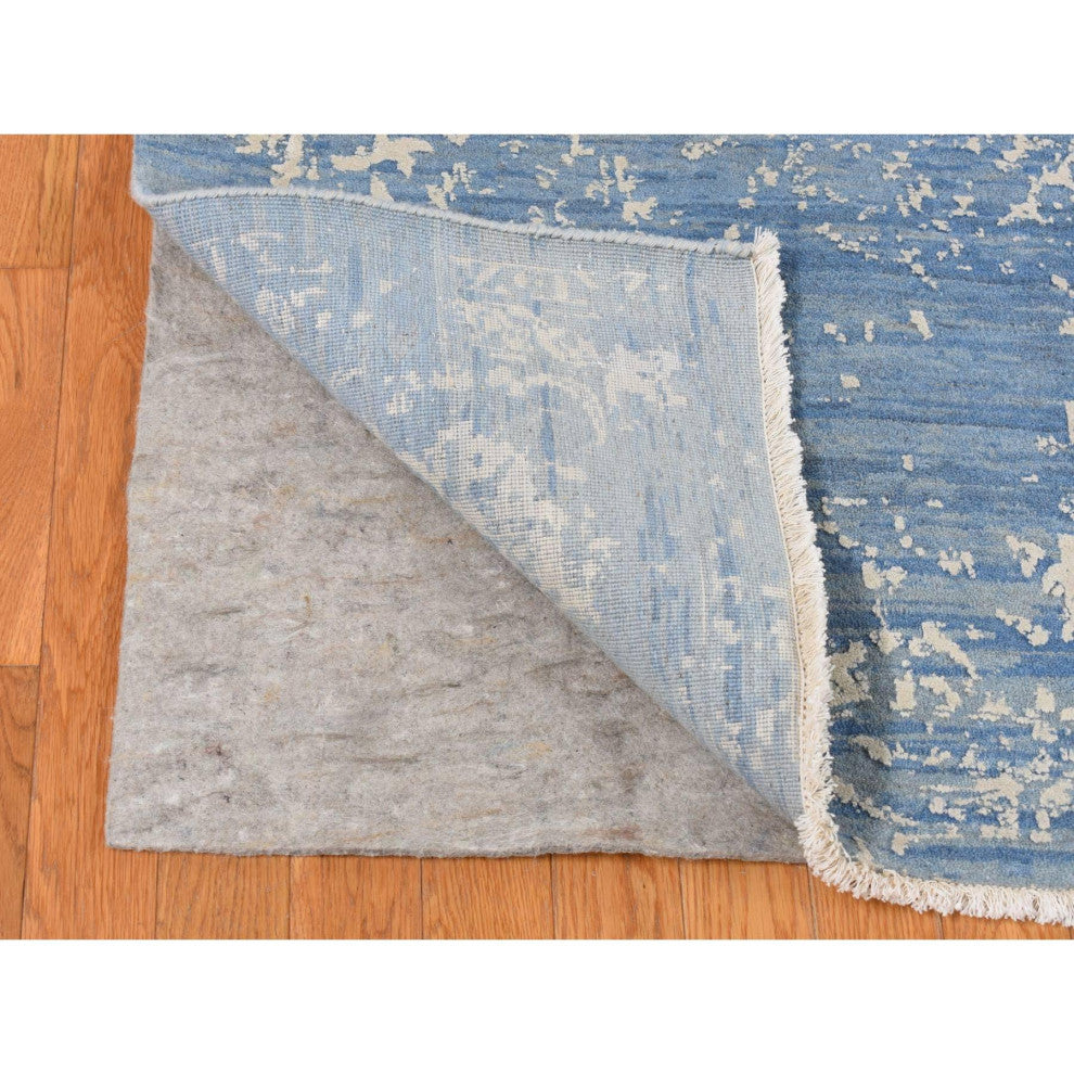 Steel Blue, Broken Persian Design, Wool and Silk, Hand Knotted Rug, 9'2"x12'1"