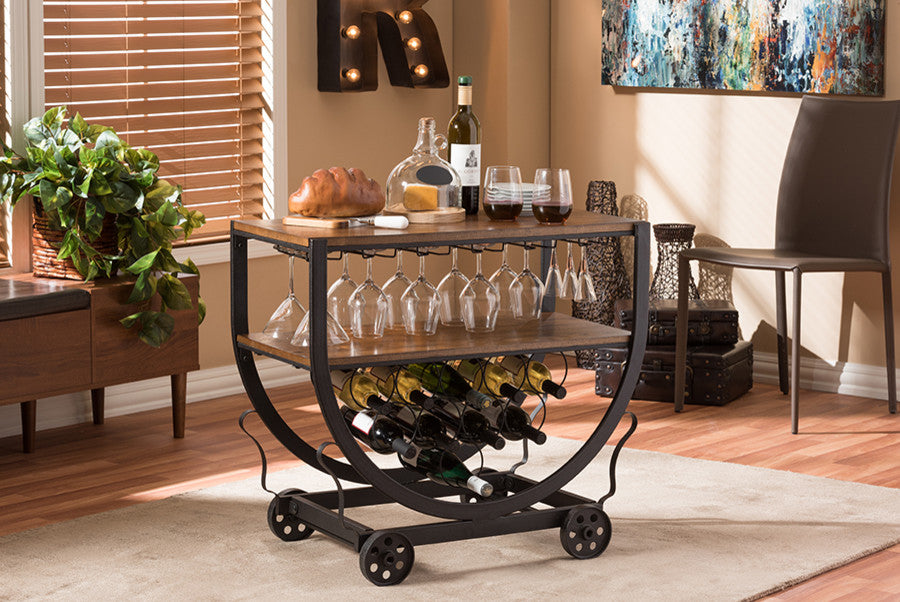 Triesta Antiqued Metal And Wood Wheeled Wine Rack Cart