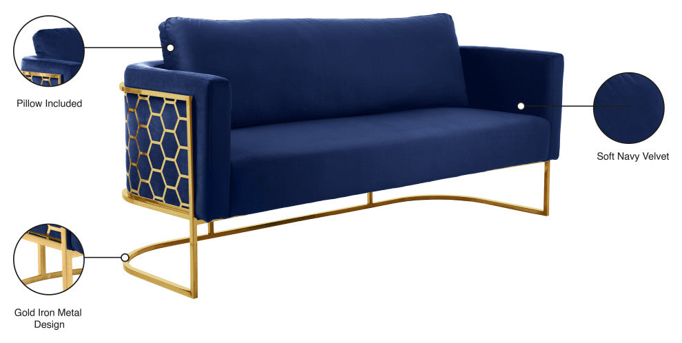 Casa Velvet Upholstered Sofa, Navy, Gold Finish