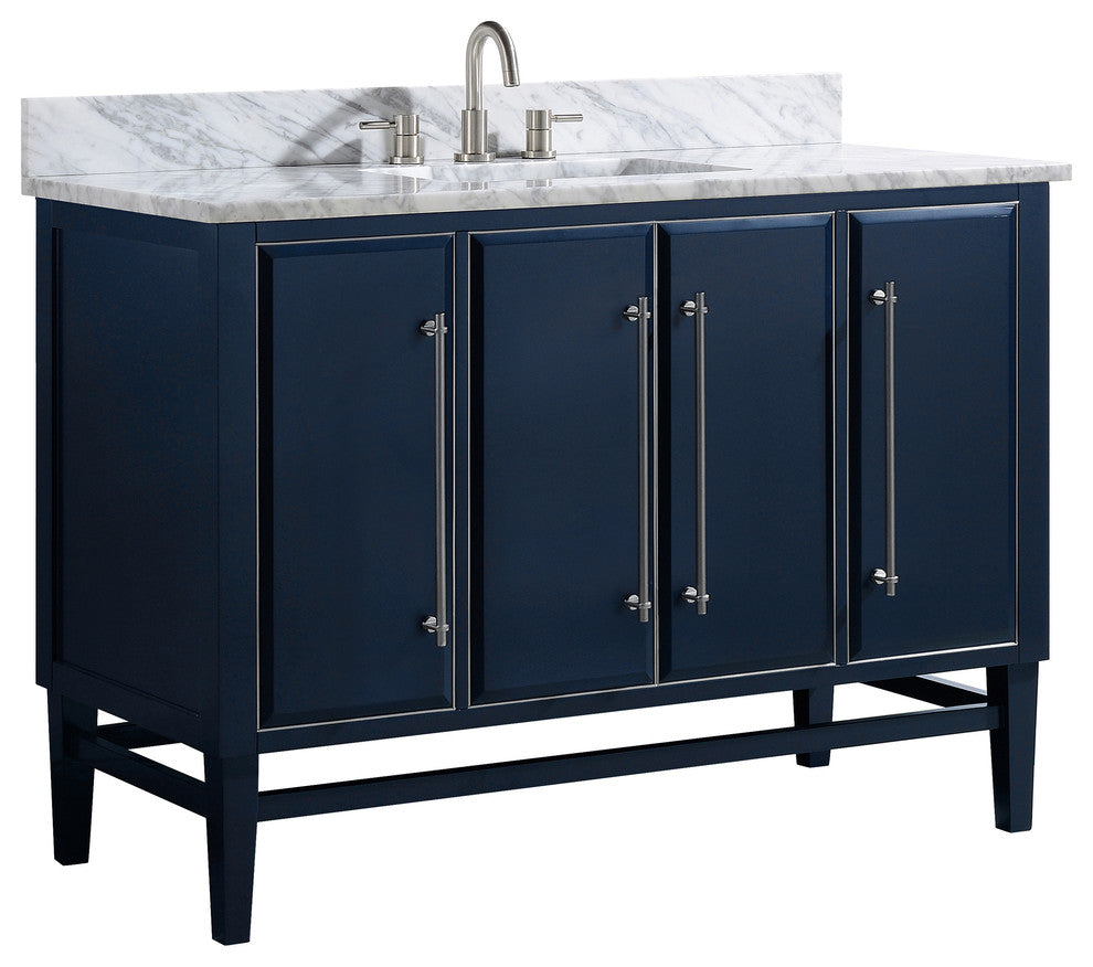 Mason 49" Vanity Combo, Navy Blue, Brushed Silver / Natural 1" Carrara White Marble Countertop and Backsplash