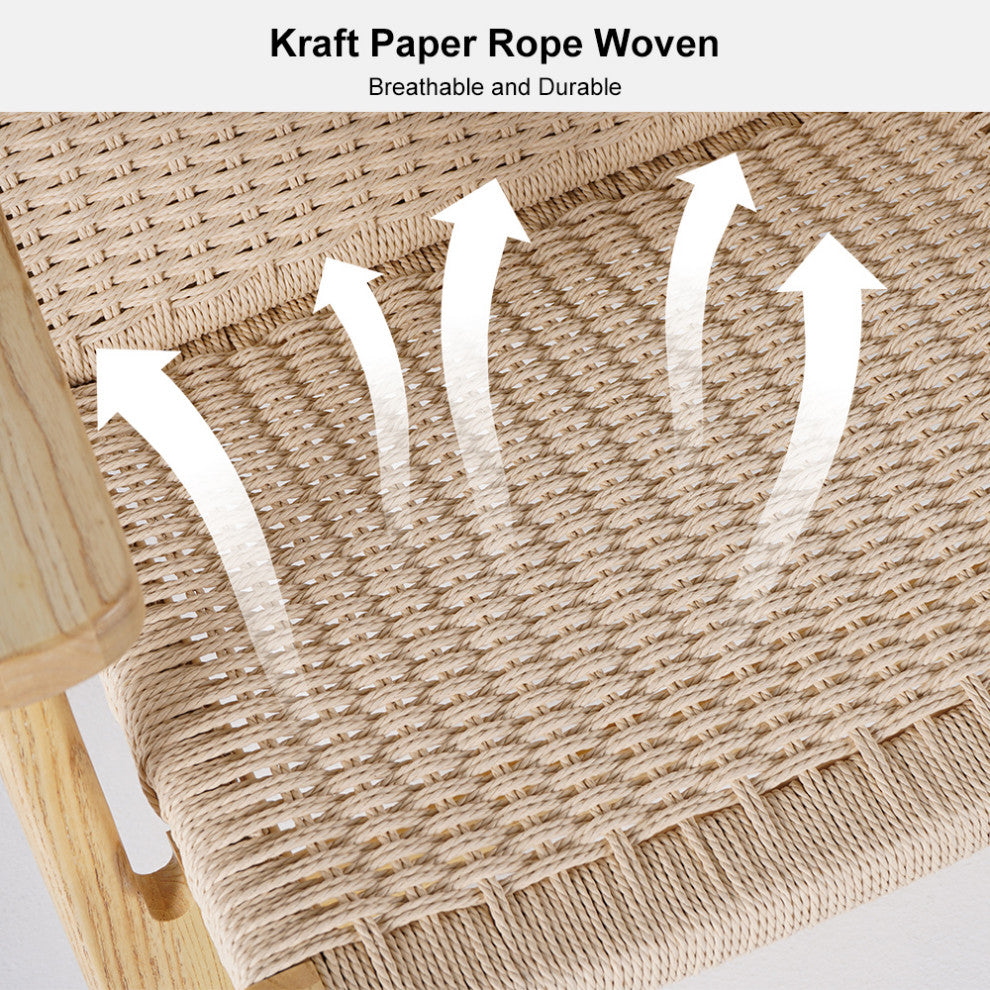 Japandi Wood Outdoor Patio Lounge Chair Armchair Kraft Paper Rope Woven Seat