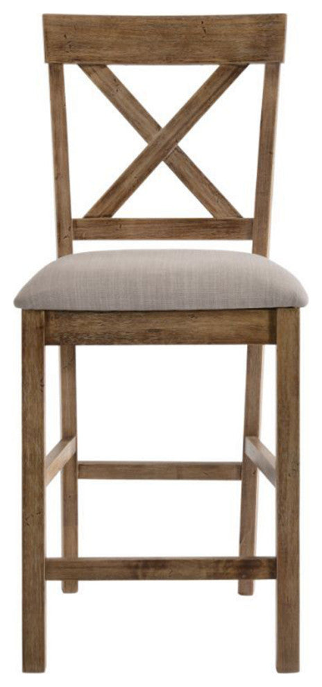 Set of 2 Linen Upholstered Counter Height Chair, Tan Linen/Weathered Oak
