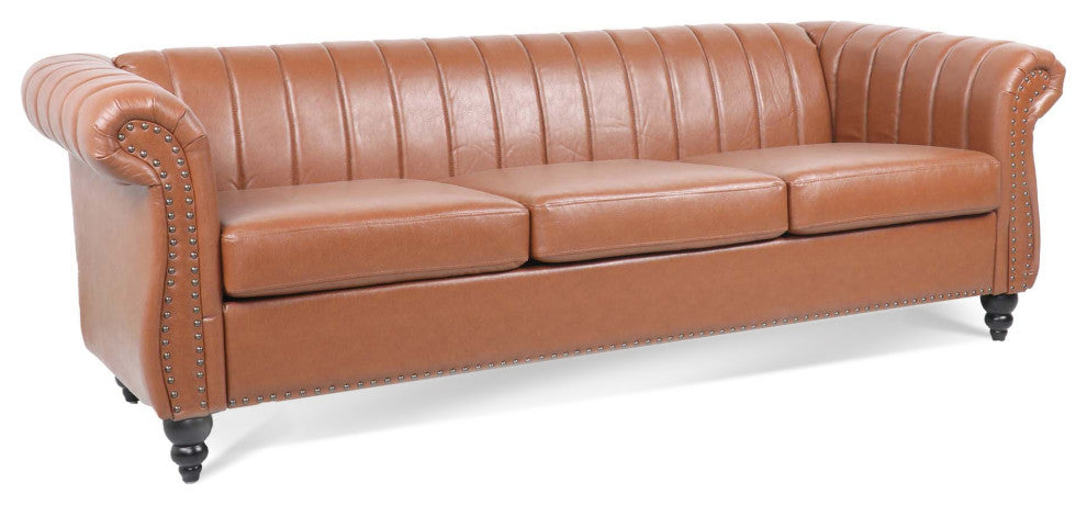 83" Faux leather Rolled Arm Sofa with Nailhead Trim, Brown, 83'' X 33''
