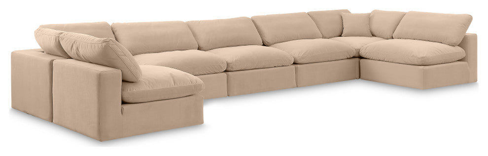 Comfy Upholstered U-Shaped Modular Sectional, Beige, 7-Piece: 5 Armless Chair, 2 Corner Chair, Velvet
