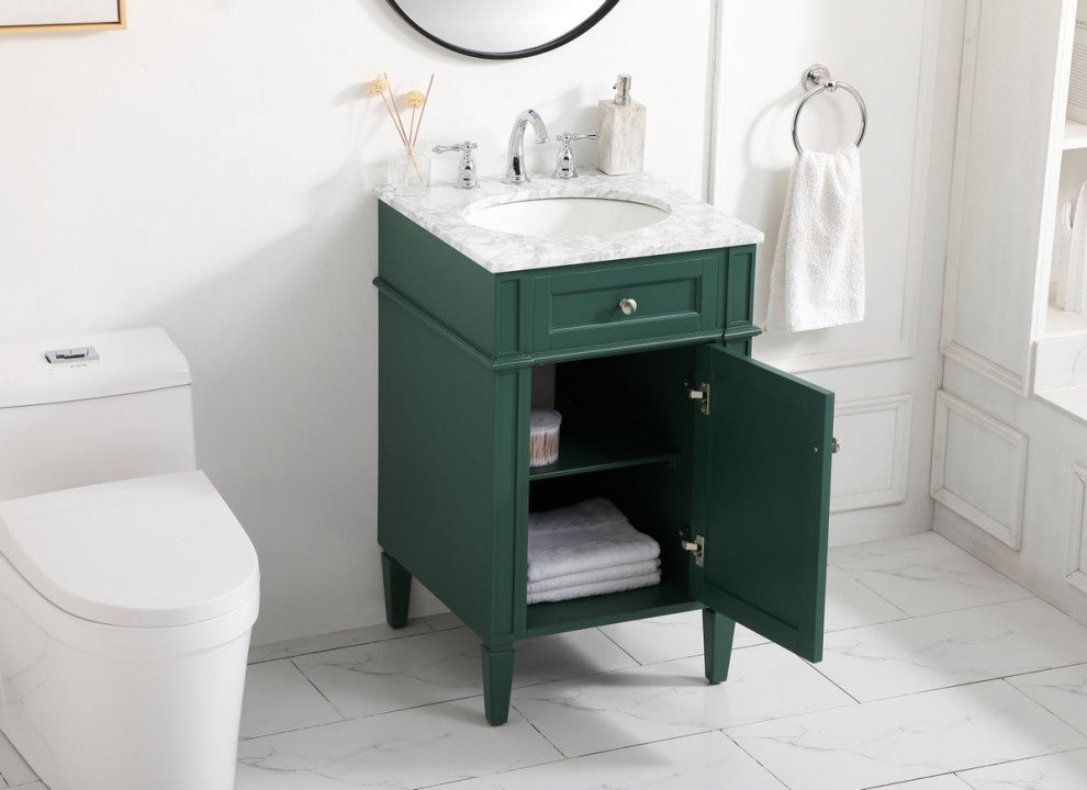 Home Living Vanity with Carrara White Marble Countertop, Green, 21", Single Sink