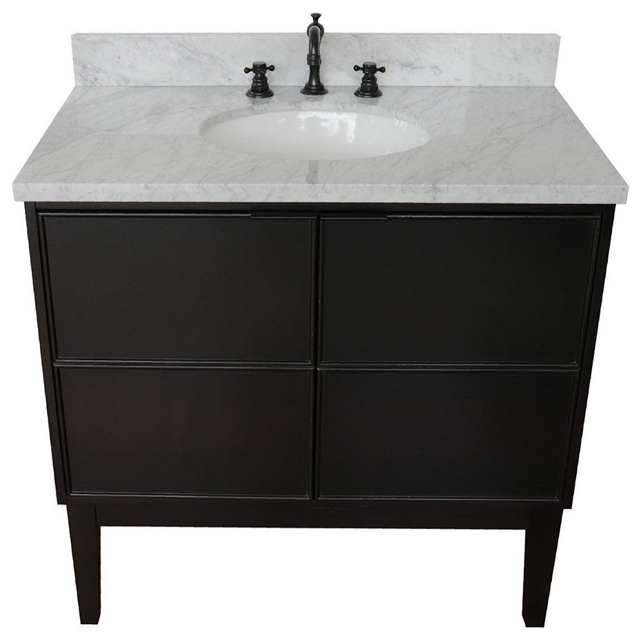 37" Single Vanity, Cappuccino Finish With White Carrara Top And Oval Sink