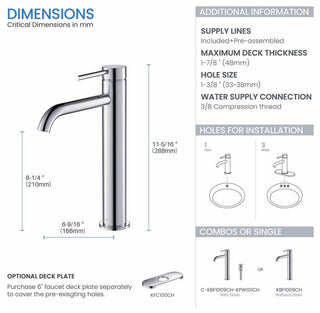 Circular Brass Single Handle Bathroom Faucet KBF1009, Chrome, With Drain
