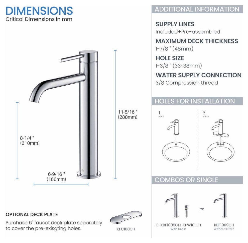 Circular Brass Single Handle Bathroom Faucet KBF1009, Chrome, With Drain
