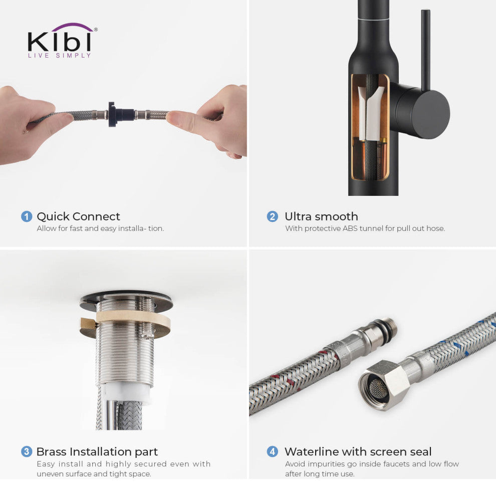 KIBI Hilo Single Handle Pull Down Kitchen Faucet, Matte Black, W/ Soap Dispenser