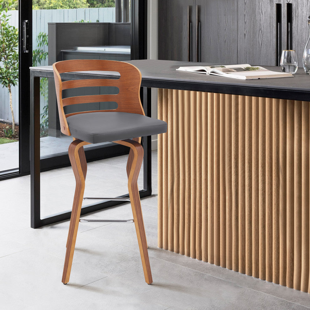 Verne 26" Swivel Gray Faux Leather and Walnut Wood Bar Stool