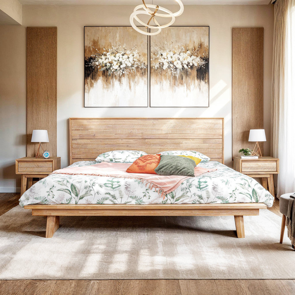 Gia Acacia Wood Panel Bed, Light Brown, Queen