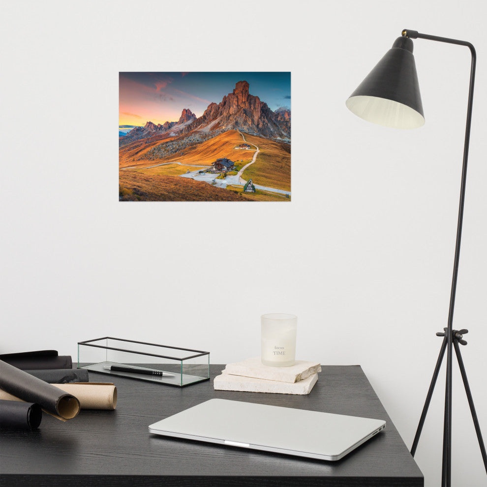 Sunset at Alpine Mountain Pass Rural Landscape Photo Wall Art Print, 12" X 16"
