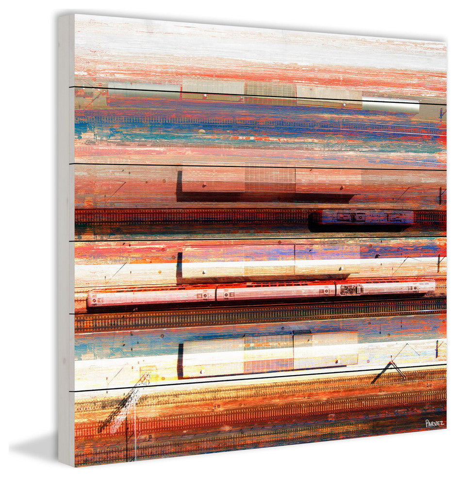 "Trains on Tracks" Painting Print on White Wood, 32"x32"