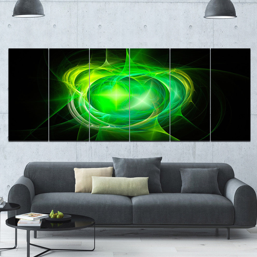 Green Fractal Explosion Supernova, Abstract Canvas Art Print, 70"x28", 6 Panels