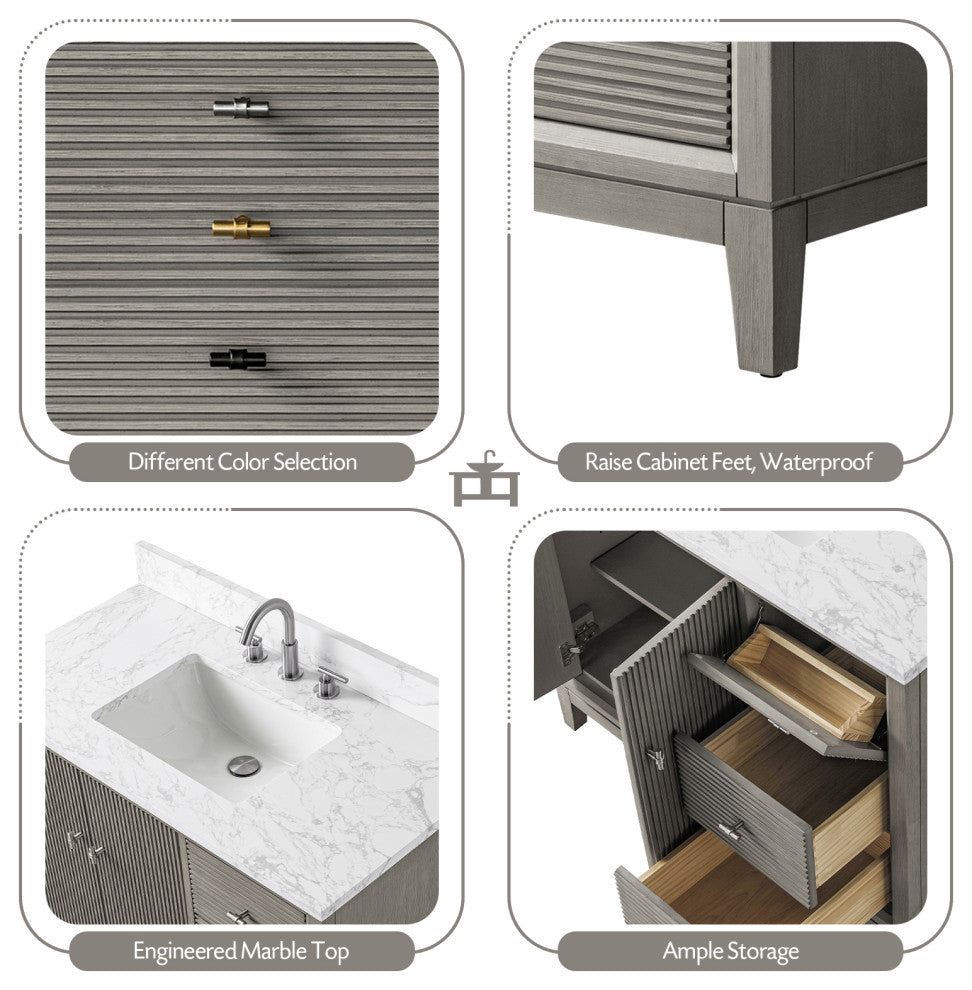 Vanity Art Bathroom Vanity with Engineered Marble Top and Sink, Driftwood Gray, 42", Matte Black