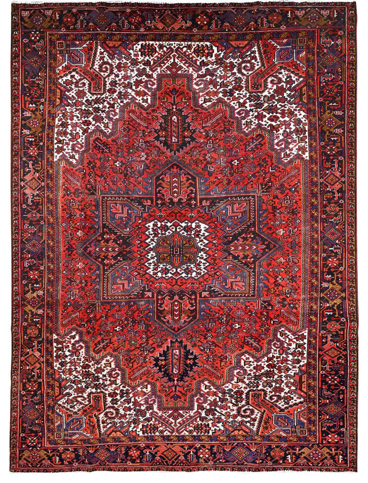 Fire Brick Red Pure Wool Hand Knotted Semi Antique Persian Heriz Rug 10'x13'2"